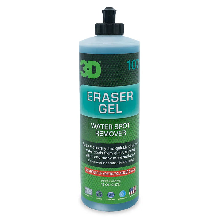 3D Eraser Gel Water Spot Remover 107OZ16 (16 oz) β gel formula removes hard water spots from paint, glass, and chrome; longer dwell for easier wipe-off.