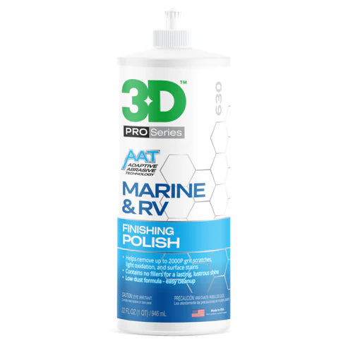 3D Marine & RV Finishing Polish – filler-free formula for gelcoat correction; removes minor defects and restores deep shine.