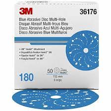 36176 180 Series Multi-Hole Abrasive Disc, 6 in Dia, 180 Grit, Hook and Loop, Blue