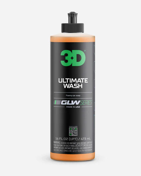 3D GLW Series Ultimate Wash 356OZ16 (16 oz) — pH-balanced, high-foam shampoo safe on waxes and ceramic coatings; rinses clean, streak-free.