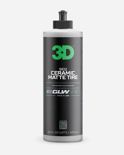 3D GLW Series SiO2 Ceramic Matte Tire — SiO2 tire dressing with hydrophobic beading; deep matte, dry-to-the-touch, sling-free finish.